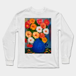 A beautiful bouquet of mixed flowers in a blue vase Long Sleeve T-Shirt